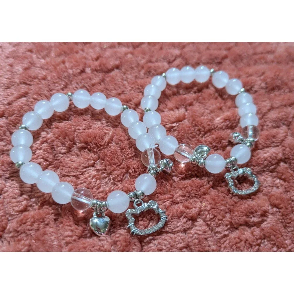 Kawaii Beaded Charm Bracelets Set, Cute Kitty Inspired Jewelry, Coquette Y2K